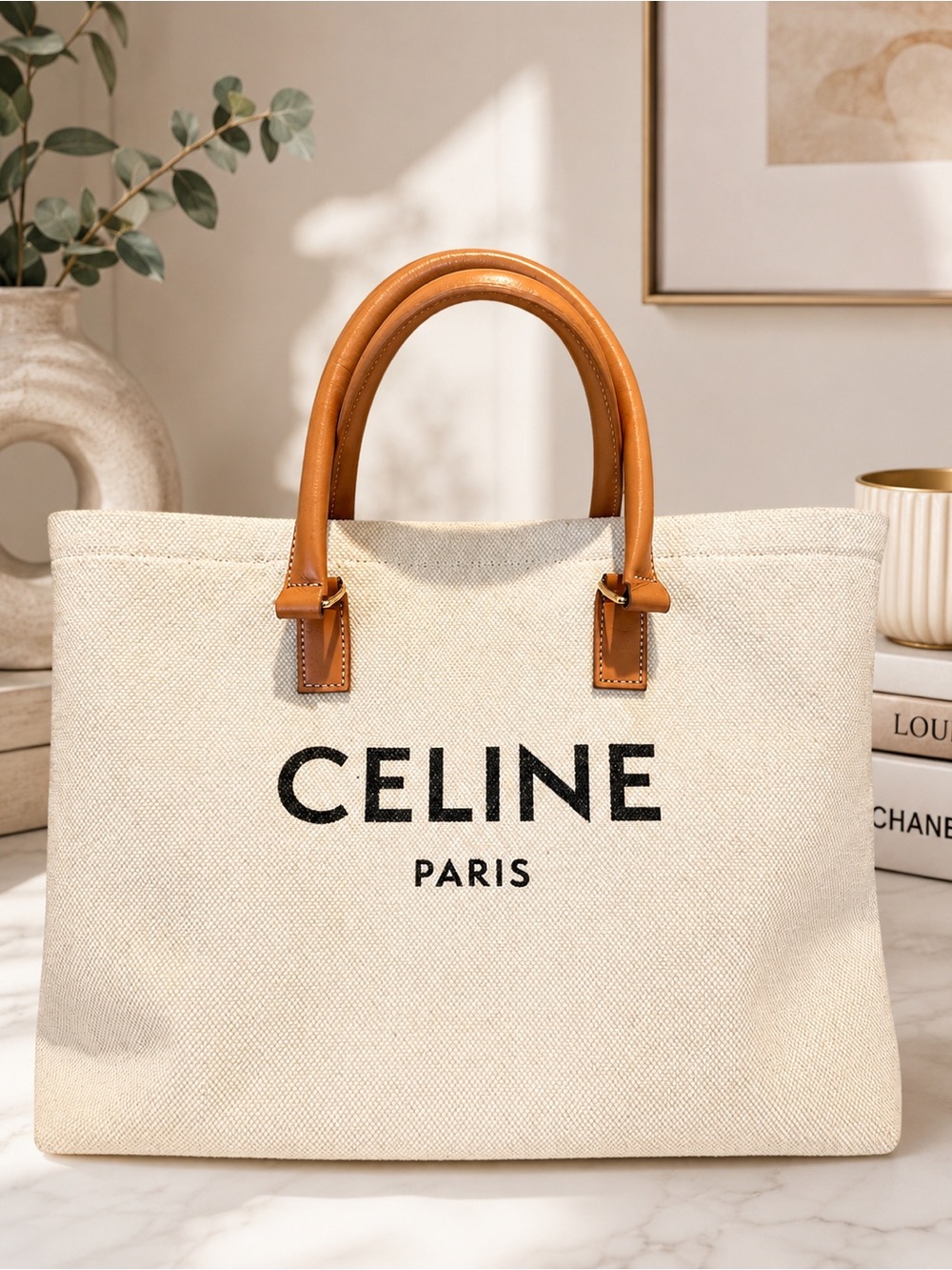 CELINE Cream/Beige Canvas Tote with Tan Leather Handles